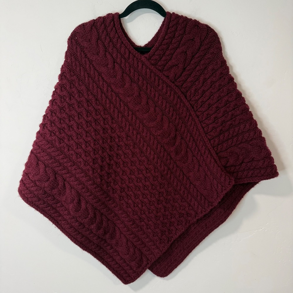 SAOL Ireland Womens Poncho Sweater S/M Burgundy Red 100% Virgin Wool Cable Knit